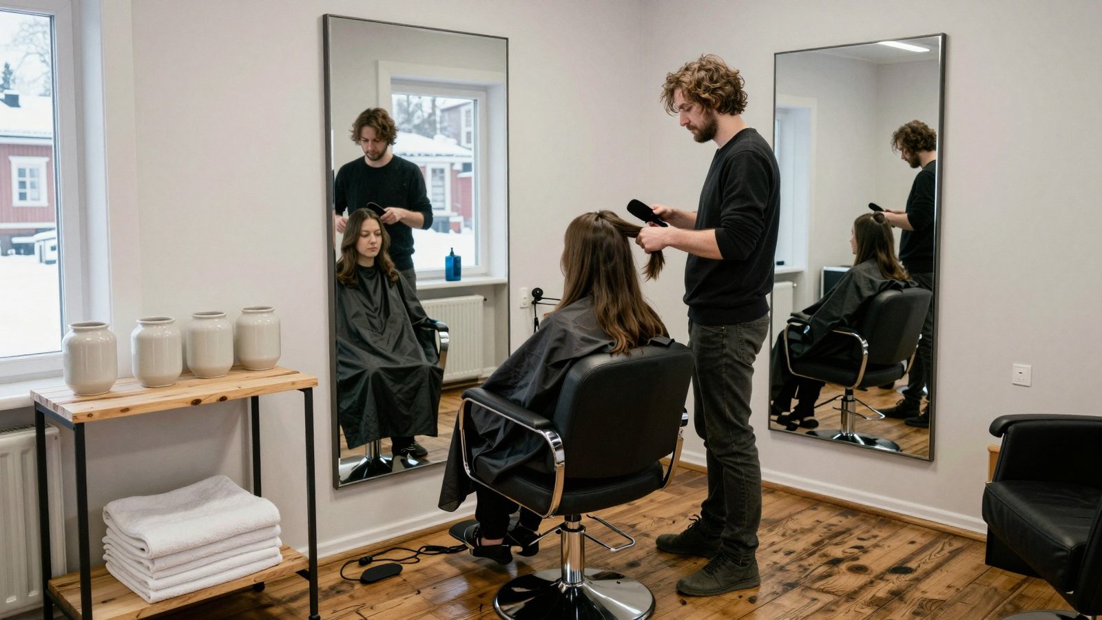 A stylist seen from behind combing a seated client's hair beside a salon window in winter light.