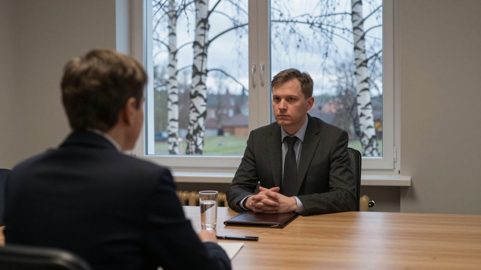 Two people talking across a plain oak table in a quiet meeting room lit only by a window.