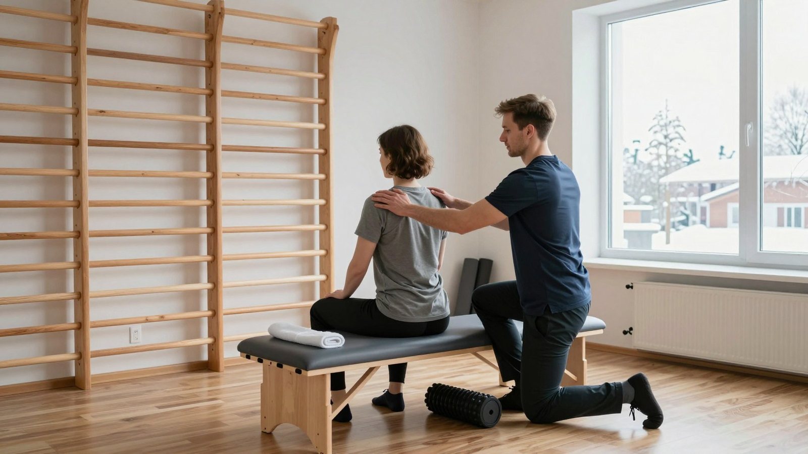 A physiotherapist guiding a client's shoulder movement in a treatment room lit only by a window.