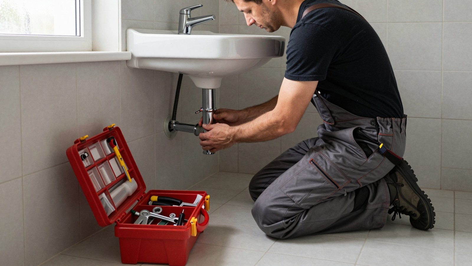 A plumber kneeling beside a basin with both hands on the pipe and an open toolbox on the tiled floor.