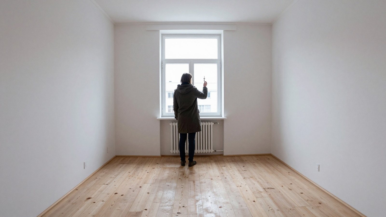 A person seen from behind holding a key at the window of an empty apartment during a viewing.