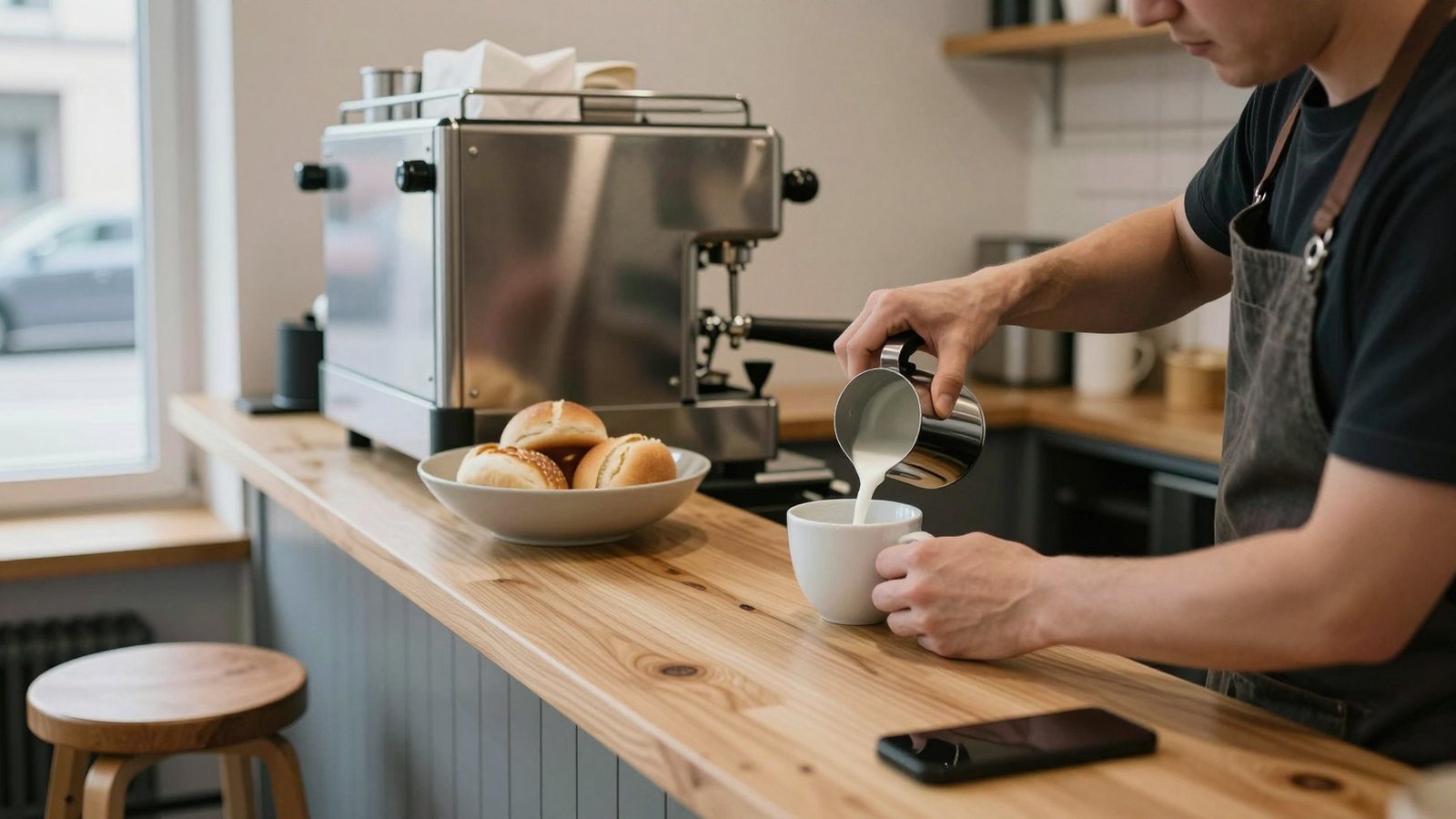 A barista seen from the side pouring milk into a white cup on a wooden cafe counter in morning light.