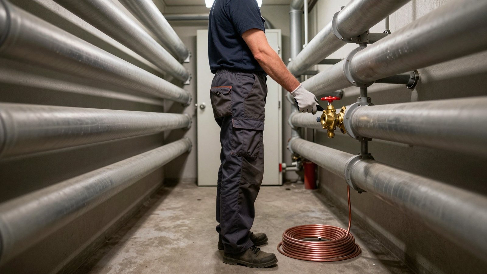 A technician seen from the side with one hand on a valve among insulated pipes in a plant room.