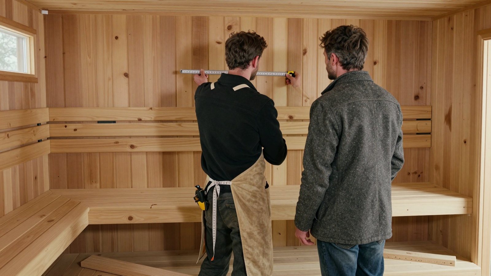 A carpenter and a customer seen from behind agreeing on the bench height inside a half built sauna.