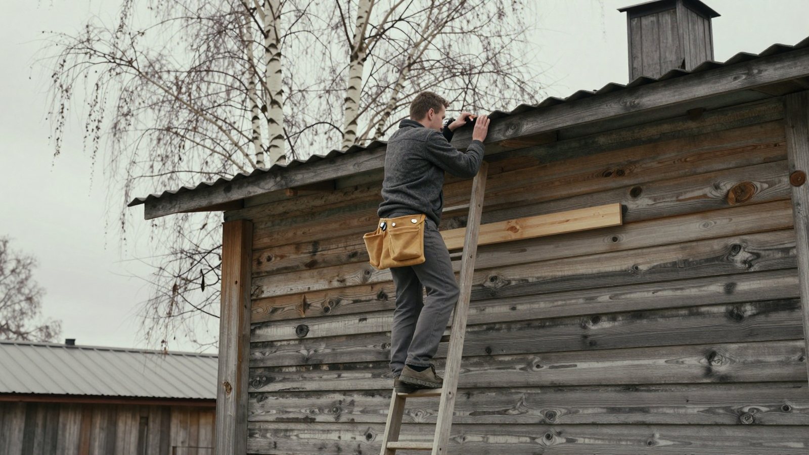 A man on a ladder seen from the side replacing one plank in the timber wall of an old Finnish house.