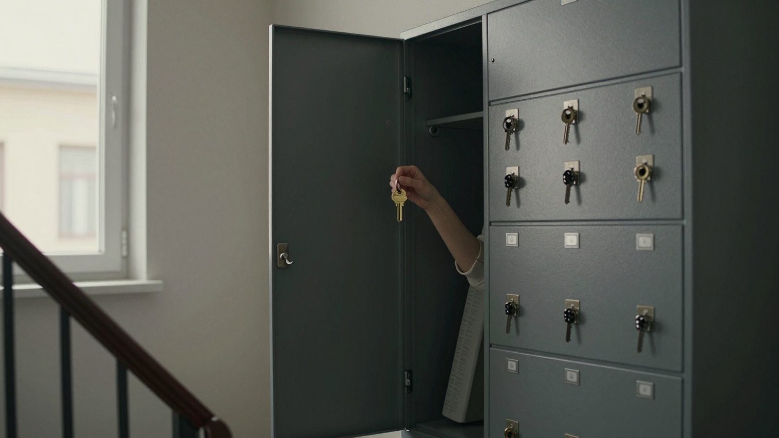 A person by an open key cabinet in a stairwell, holding a small ring of brass keys.