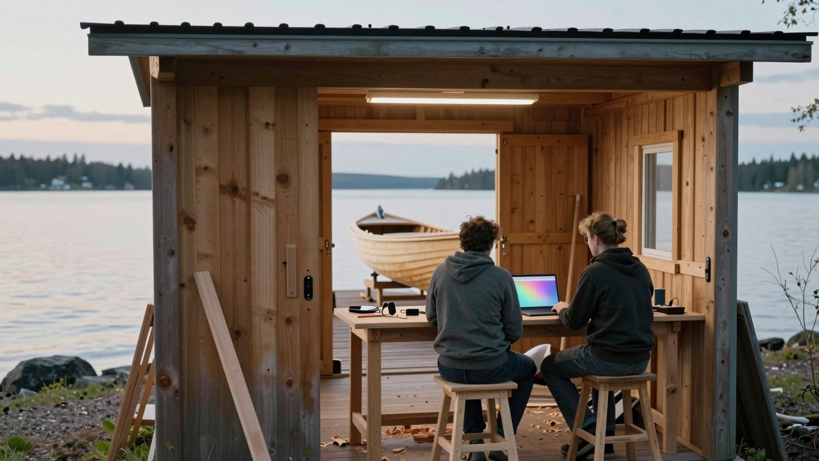 Kaksi ihmistä istuu veneveistämön työpenkin ääressä kannettavan tietokoneen kanssa, taustalla puuvene