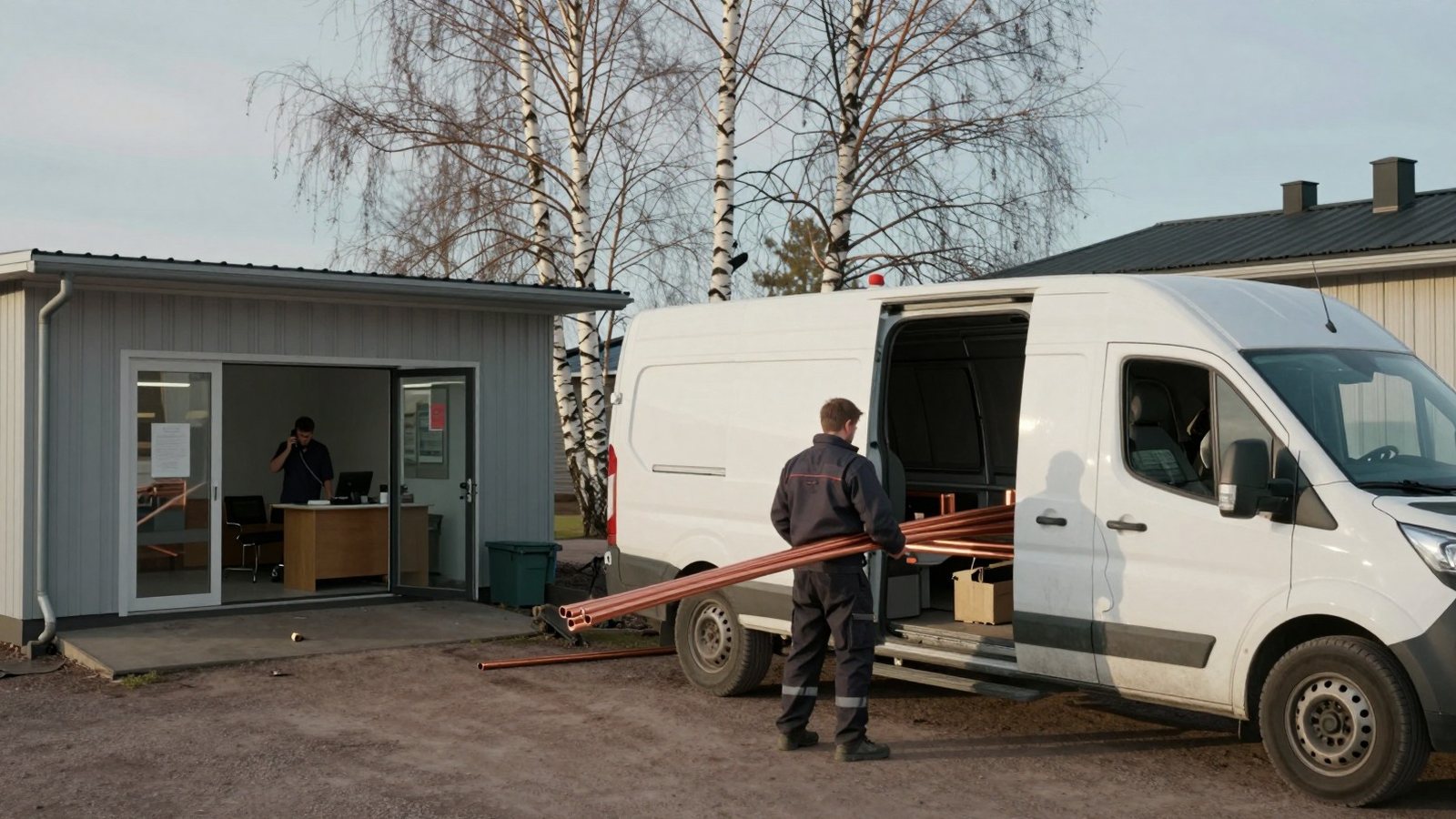 Putkiliikkeen pihalla kaksi valkoista pakettiautoa, työntekijä lastaa kupariputkia keväisenä aamuna