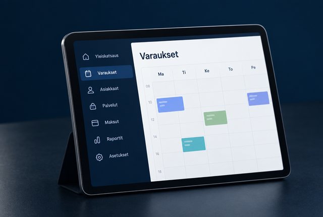 Tabletti, jonka ruudulla on varausjärjestelmän viikkonäkymä