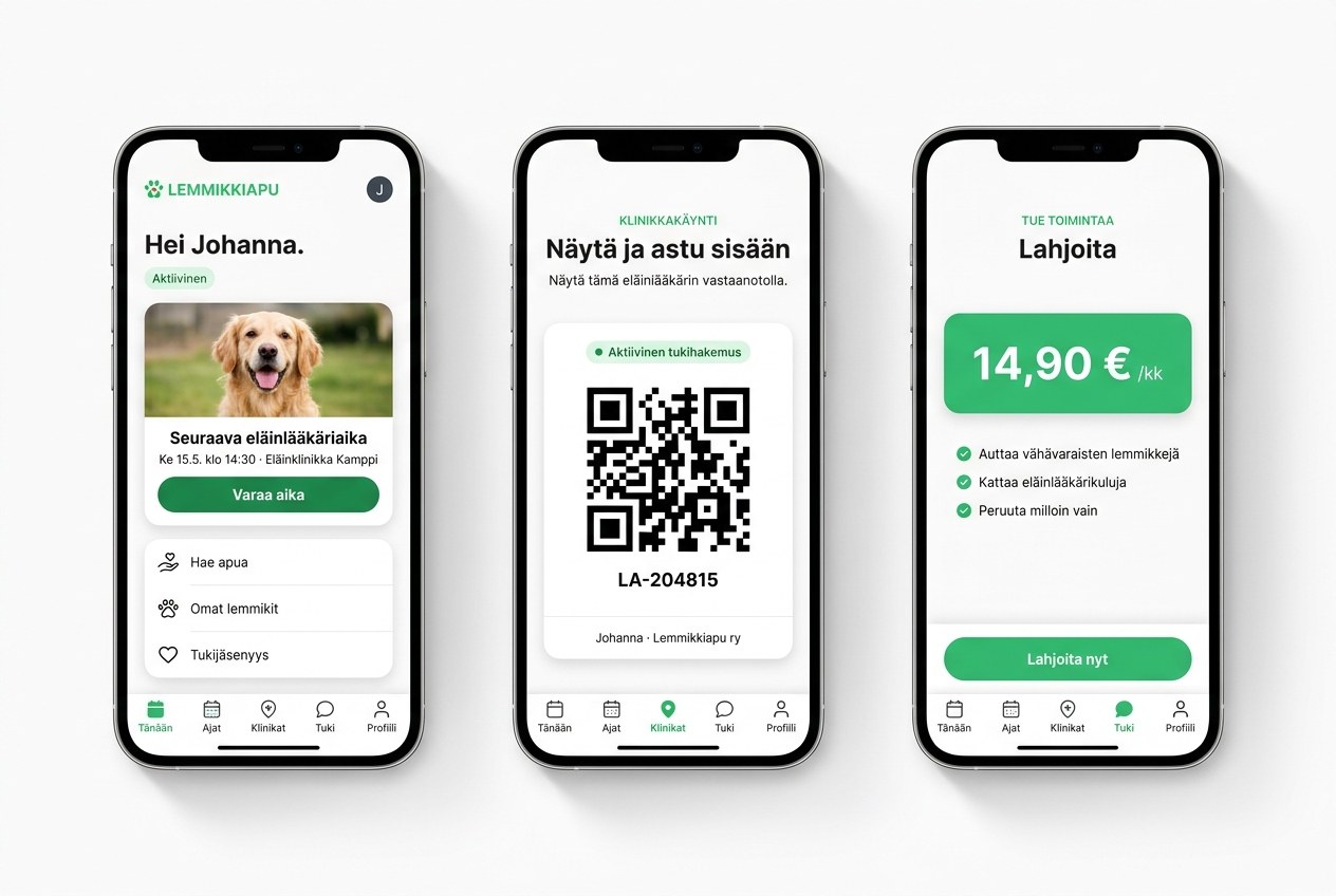 Mockup mobiilisovelluksesta: kolme puhelinnäkymää lemmikkien ajanvaraus- ja tukisovelluksesta NordSurin brändityylissä