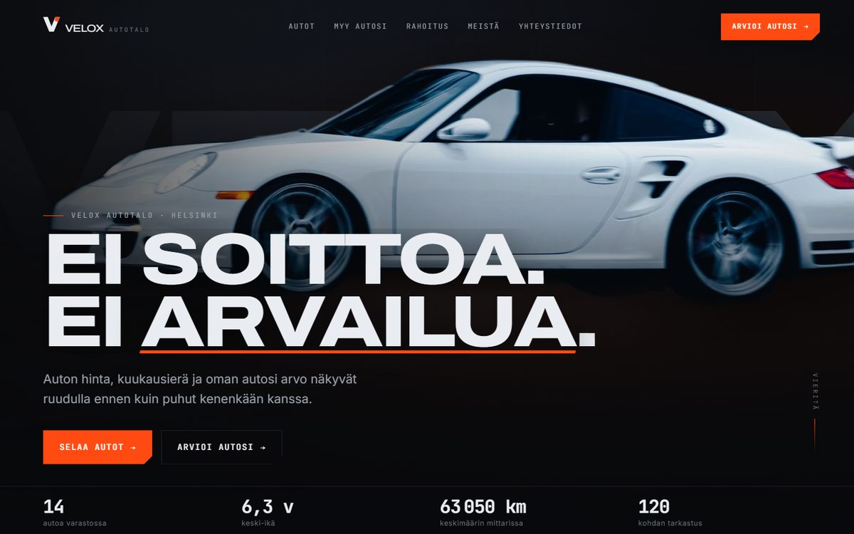 Velox Autotalo -autokaupan demon etusivu