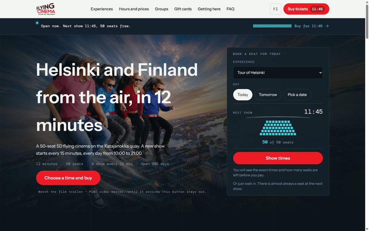 Flying Cinema Tour of Helsinki -demon etusivu, kävijät kaupungin yllä