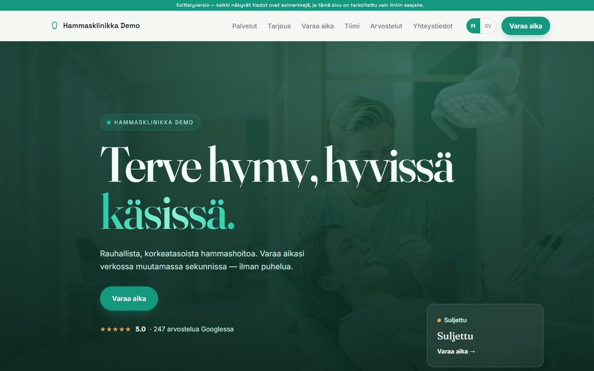 Hammasklinikan demon etusivu, jossa verkkoajanvaraus