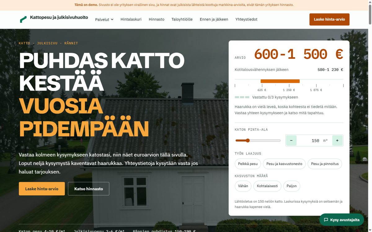 Kattopesun demon etusivu, jossa elävä hintalaskuri