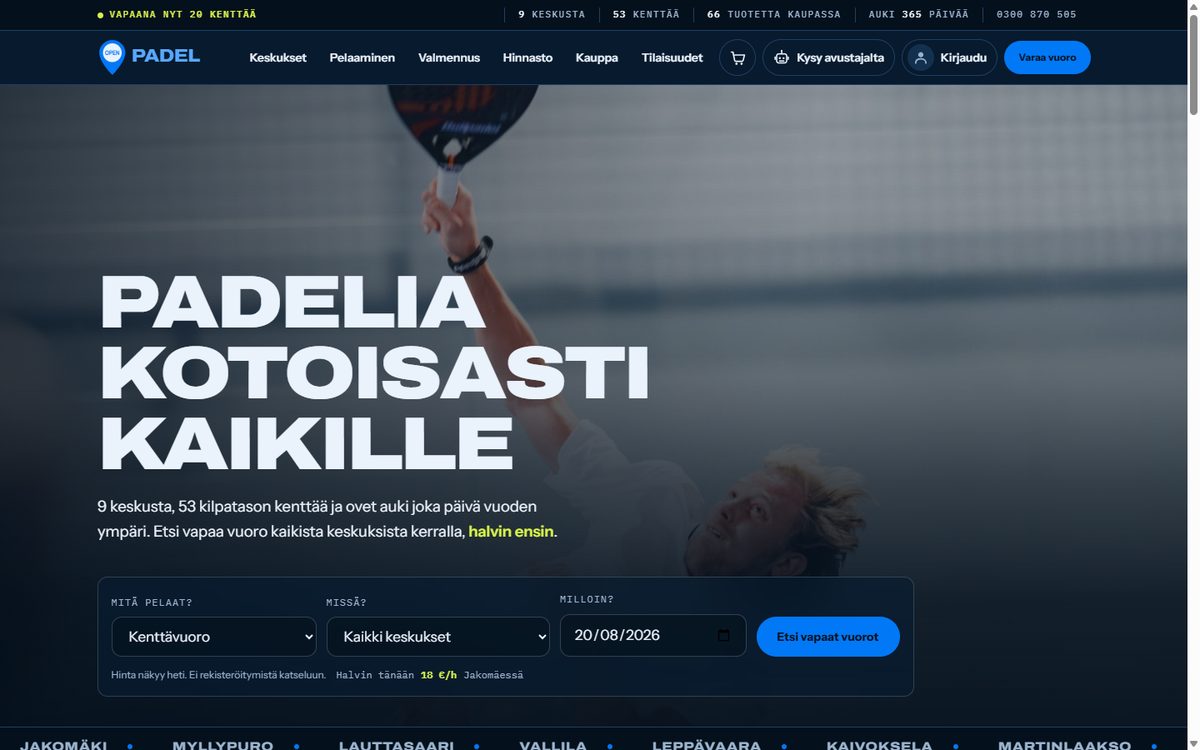 Open Padel -demon etusivu, jossa kenttien saatavuus 9 keskuksessa