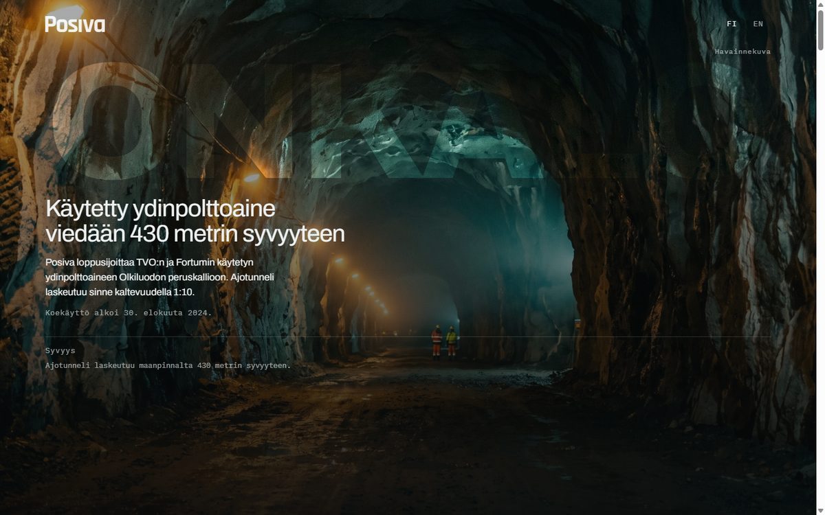 Posiva-demon etusivu, ydinpolttoaineen loppusijoitustunneli 430 metrin syvyydessä